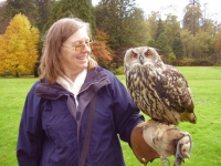 Our former housekeeper Ann with an Eagle Owl at Muncaster Castle